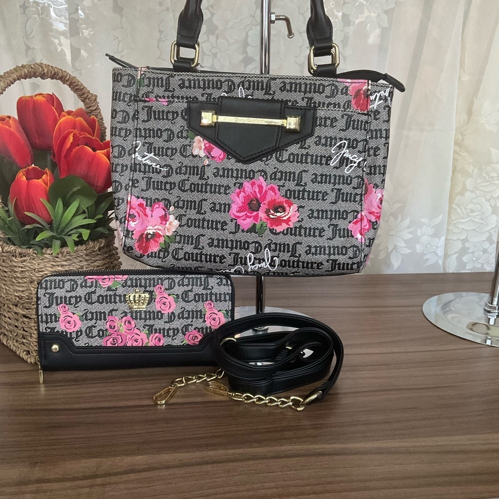 Juicy Couture Black and Pink Shoulder Bag With Matching Zip Around Wallet - Picture 3 of 6